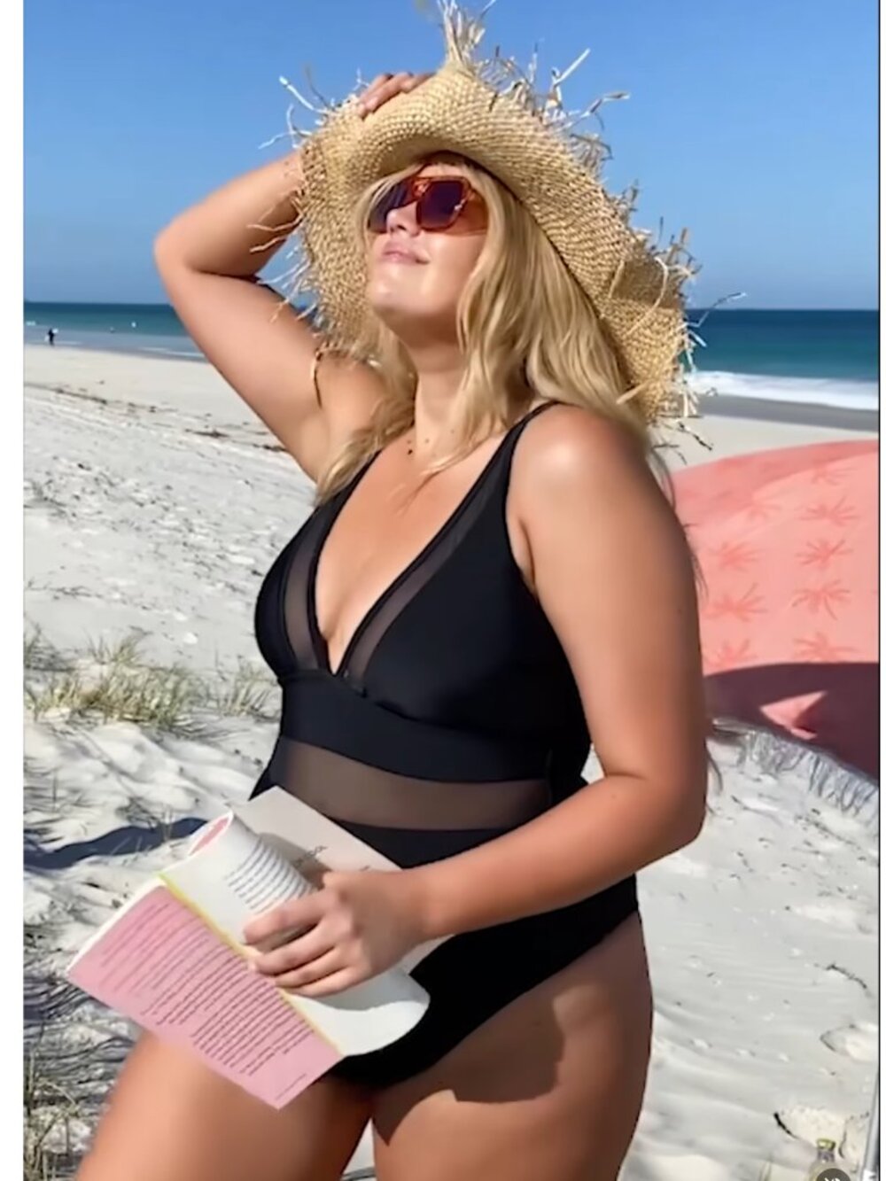 Cupshe Black One Piece Swimsuit Front V Neck Full Bum Mesh Trim 2X NWT